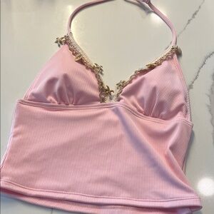Pink Lace Trim Halter Bralette